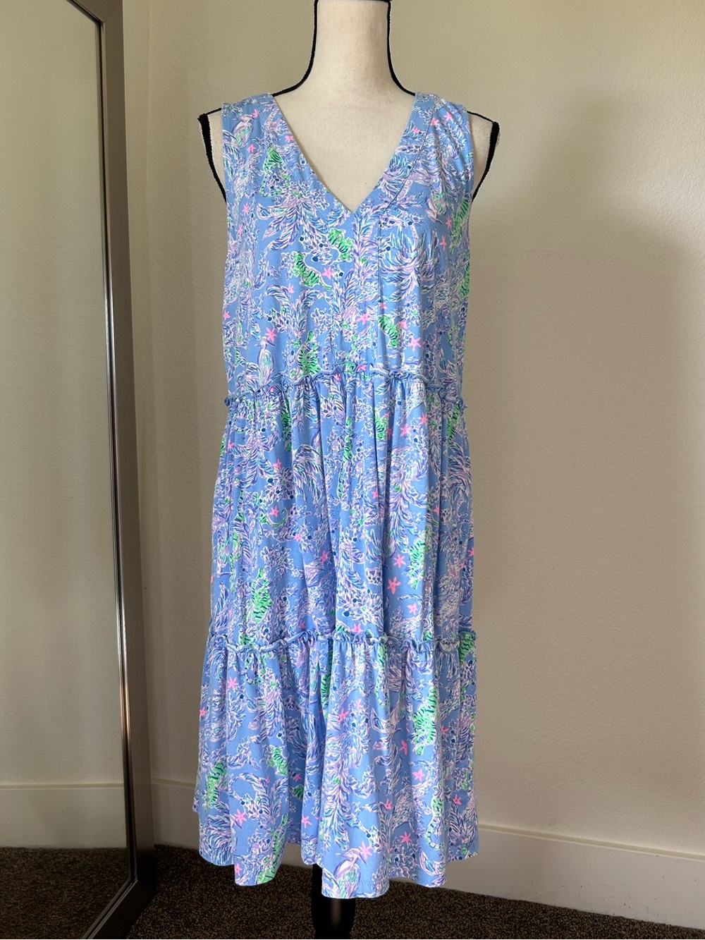 Lilly Pulitzer Blue Tiger Print 100% Cotton Dress Size Large